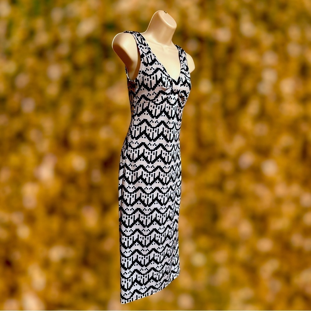 Noble U Black White Geometric Bow Dress Bodycon Long XSm Tight Formal Cocktail
